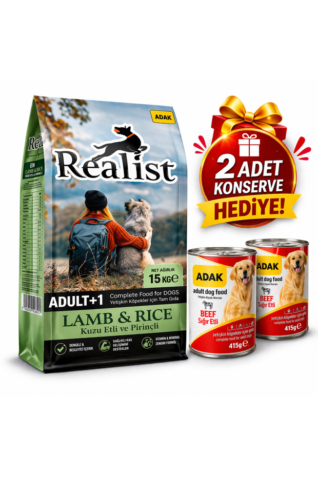 REALİSTDOG Realist Kuzu Etli Pirinçli Yetişkin Köpek Maması 15 KG + 2 Adet ADAK Sığır Etli Konserve Hediye
