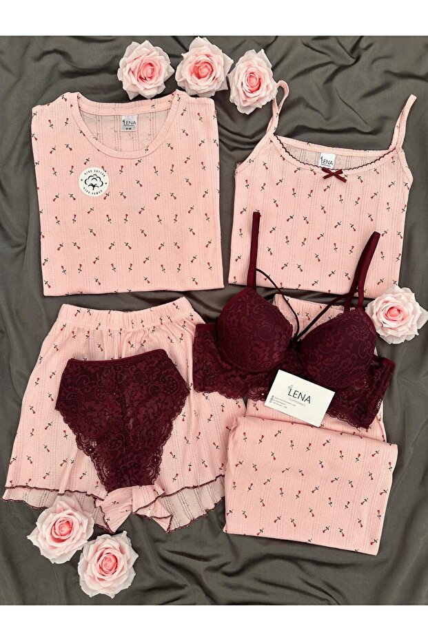 Women's 100% Cotton Breathable 6-Piece Pajama Set with Underwear