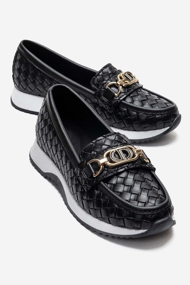 Women's Buckle-Strapped Braided Casual Shoes Black White