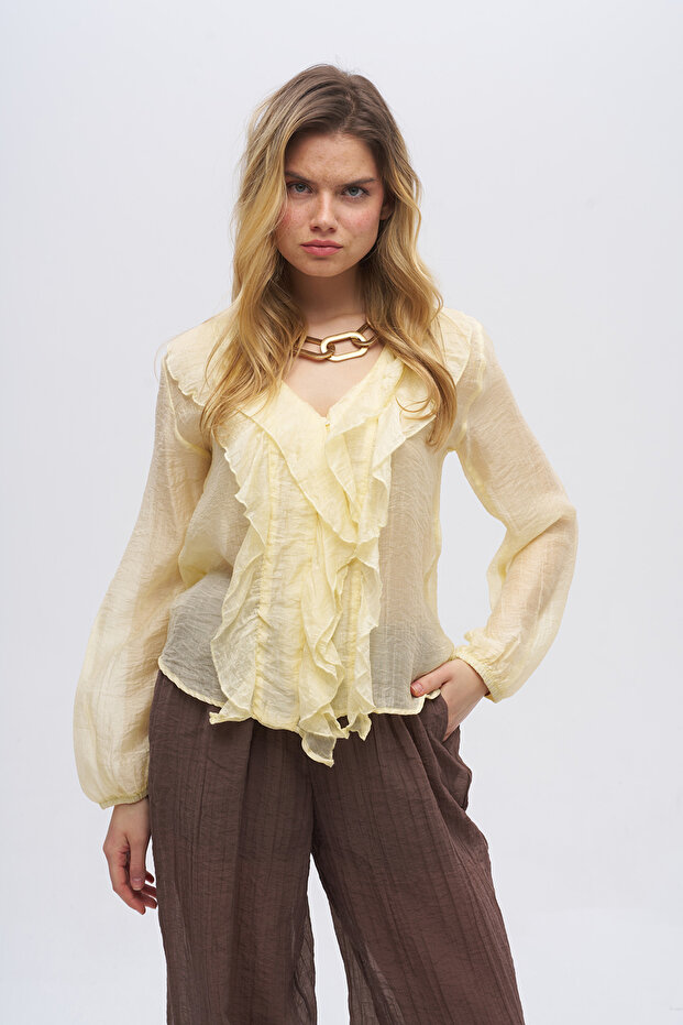 Women's V-Neck Transparent Blouse with Ruffle Detail on the Front