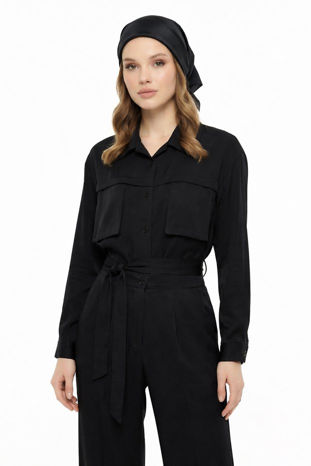 Pocket Detail Shirt Trousers Set 100795 Black