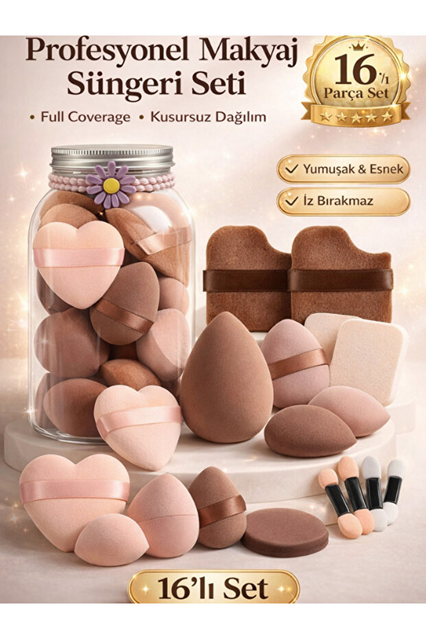 SheMask Makyaj Süngeri Seti Pudra Süngeri Fondöten Süngeri Göz Altı Kapatıcı Süngeri Far Fırçası 16'lı Set