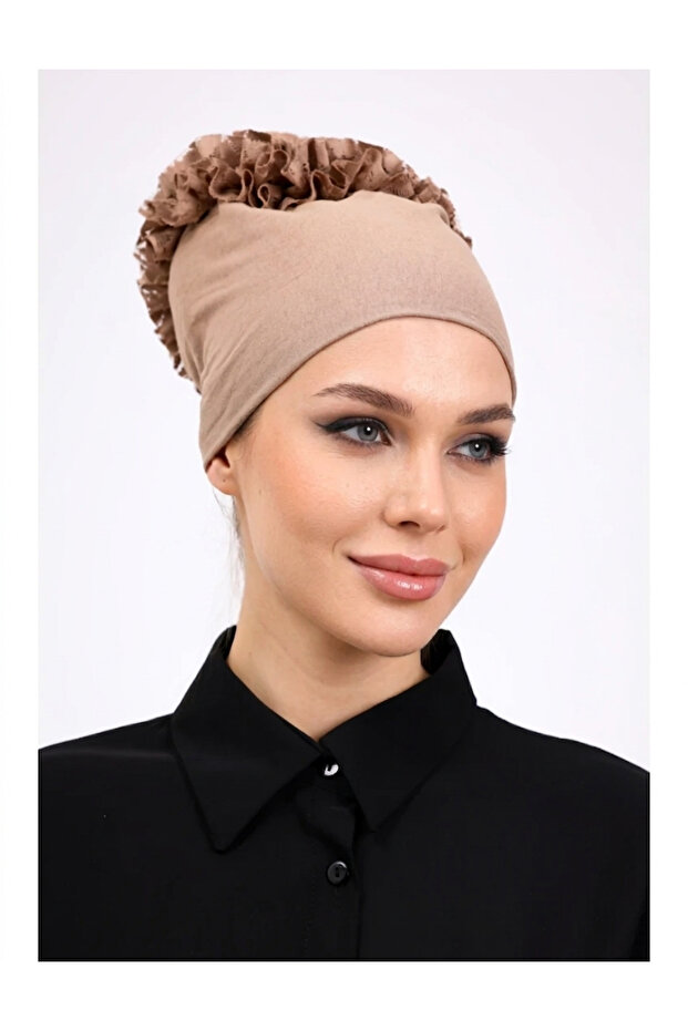 Ruffled Seamless Combed Cotton Bonnet Mink - Women's Hijab Tie Bun Inner Bonnet Brown
