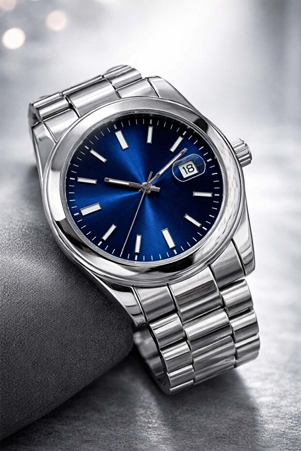 Ories Round Silver Case Navy Blue Dial Premium Men's Wristwatch with Calendar