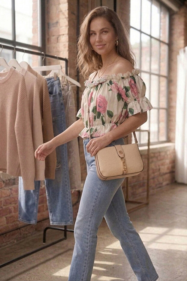 Balon Kol Flower Patterned Sandy Crop - 4