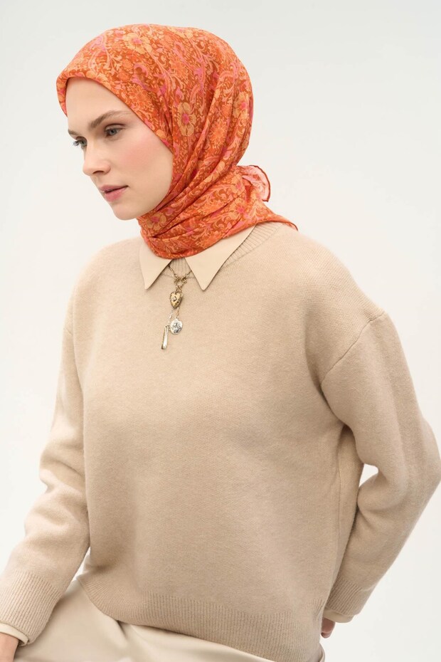 Eșarfă Tencel Monare cu model margarete, portocaliu închis 90X90 - 2