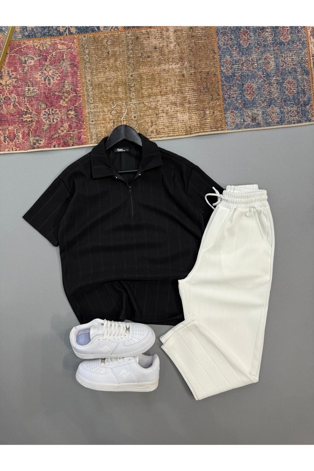 Raporlu Ottoman Brown Half-Zip Tshirt - White Pants Set