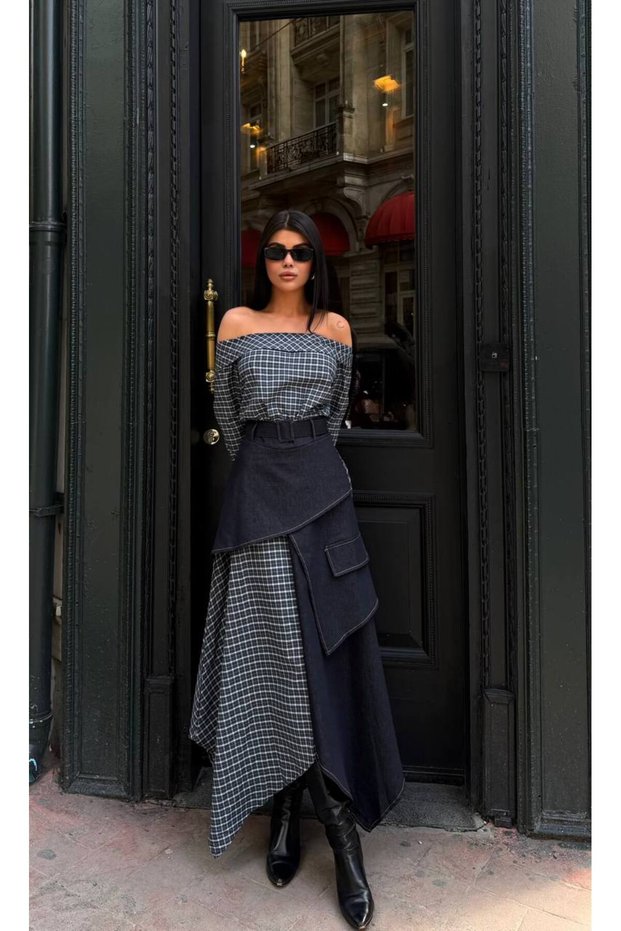 Women's Anthracite Plaid Decorated Asymmetrical Cut Boat Neck Long Sleeve Denim Detailed Midi Dress