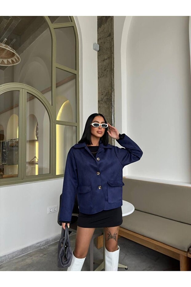 Stra Navy Blue Imported Suede Buttoned Jacket