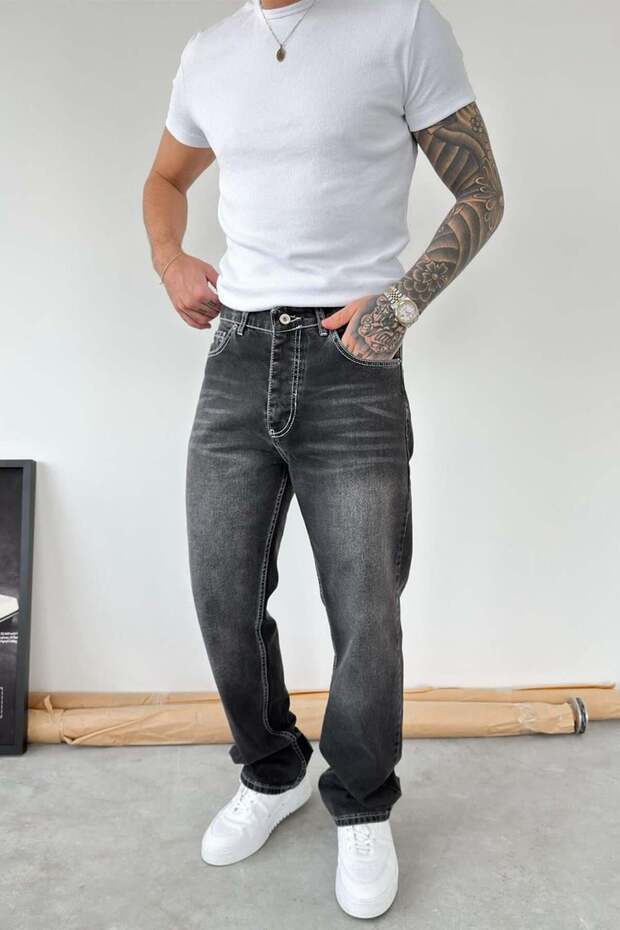 Black Reverse Stitch Detail Baggy Trousers