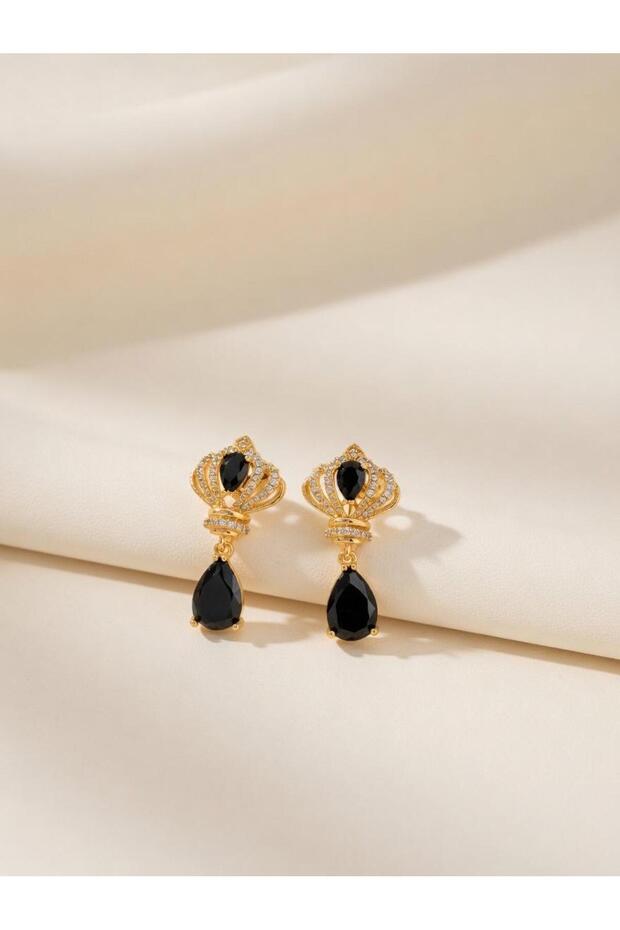 Black Drop Stone Crown Model Dangle Earrings