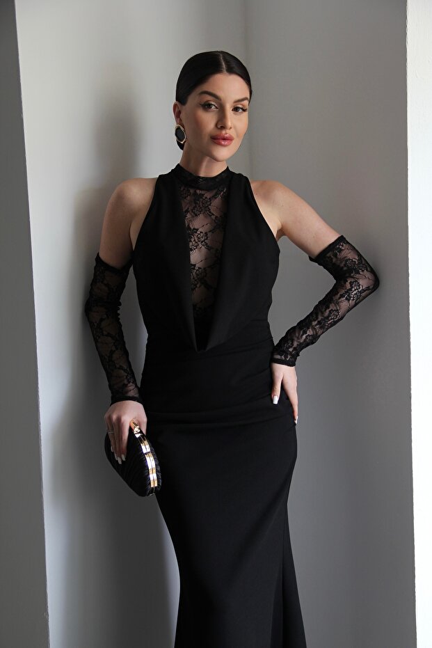 Sheer Lace Detailed Maxi Long Length Premium Black Dress