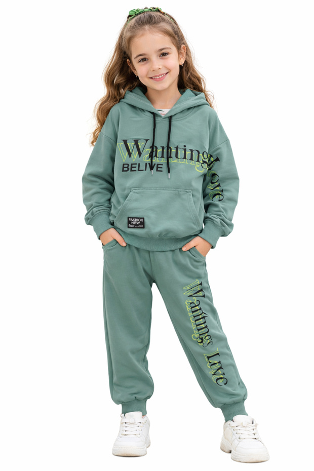 Girl's Wanting Written Kangaroo Pocket Hooded Green Color Tracksuit Set