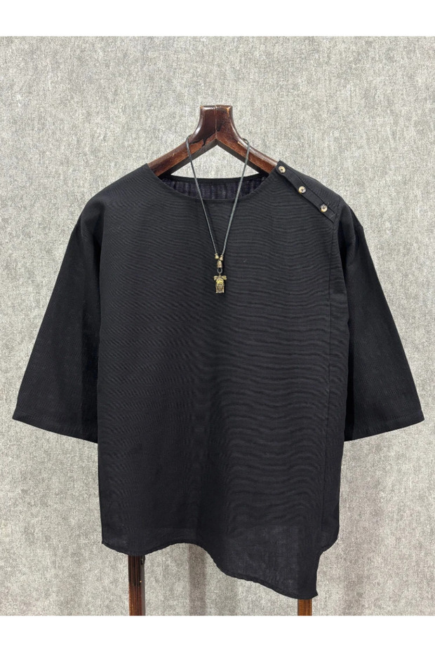 Super Oversize Asymmetrical Cut Cotton Linen Black Bohemian Tshirt