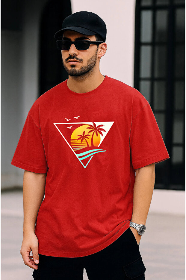 Sunset Printed Oversize Basic Men's Tshirt - 1