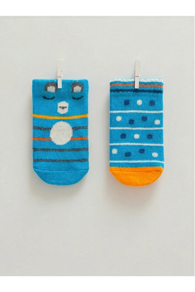 90% Cotton Baby Boy Socks 2 Pairs (4 Pieces) with Cute Animal Figures and Striped Patterns