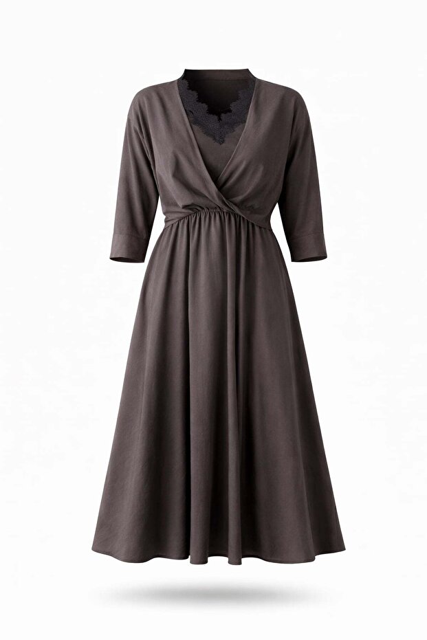 Bitter Brown Double Breasted Collar Lace Detailed Dress