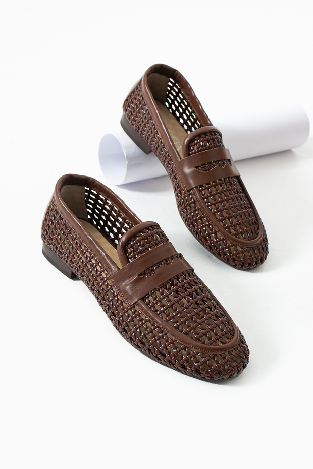 Royal Genuine Leather Brown Daily Comfortable Women's Braided Loafer Shoes