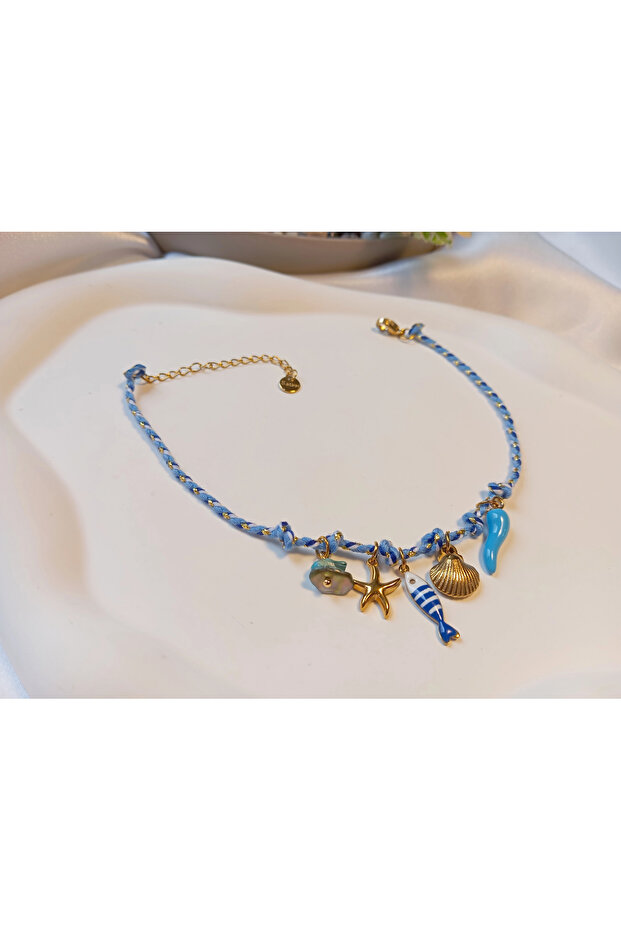 Gold Detailed Marine Themed Blue Steel Anklet (22-27 cm)