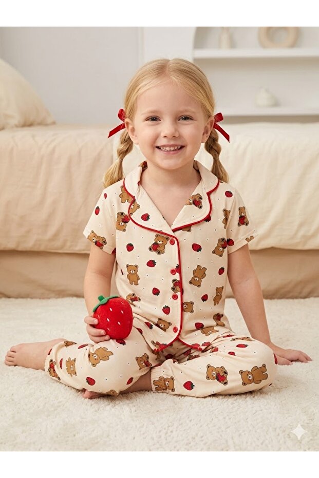 Girl's Teddy Bear Patterned Cream Color Cotton Short Sleeve Pajama Set
