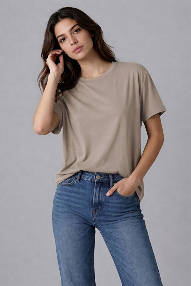 Bauta Regular Molded Crew Neck Low Sleeve Oval Hem and Sleeve Laser Cut Women's Blouse Top - Beige