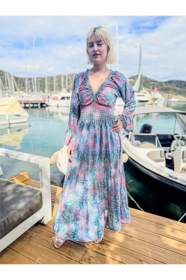 Turquoise Color Madonna Collar Gold Detailed Long Sleeve Silk Dress