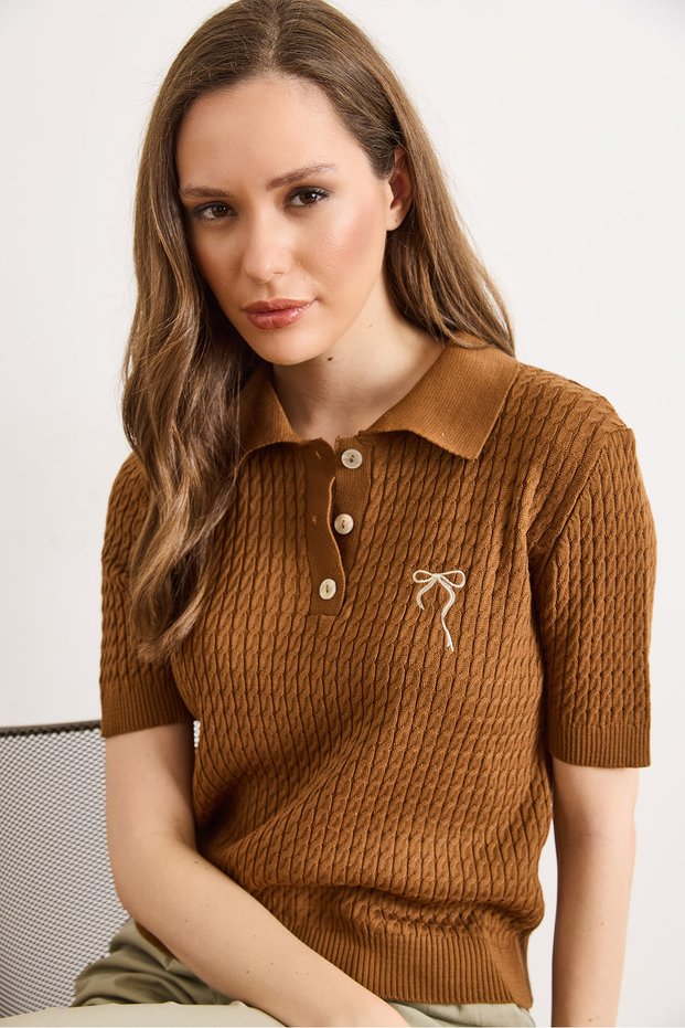 Women's Tobacco Bow Embroidered Polo Collar Hair Knit Seasonal Knitwear Blouse Blz-19003222