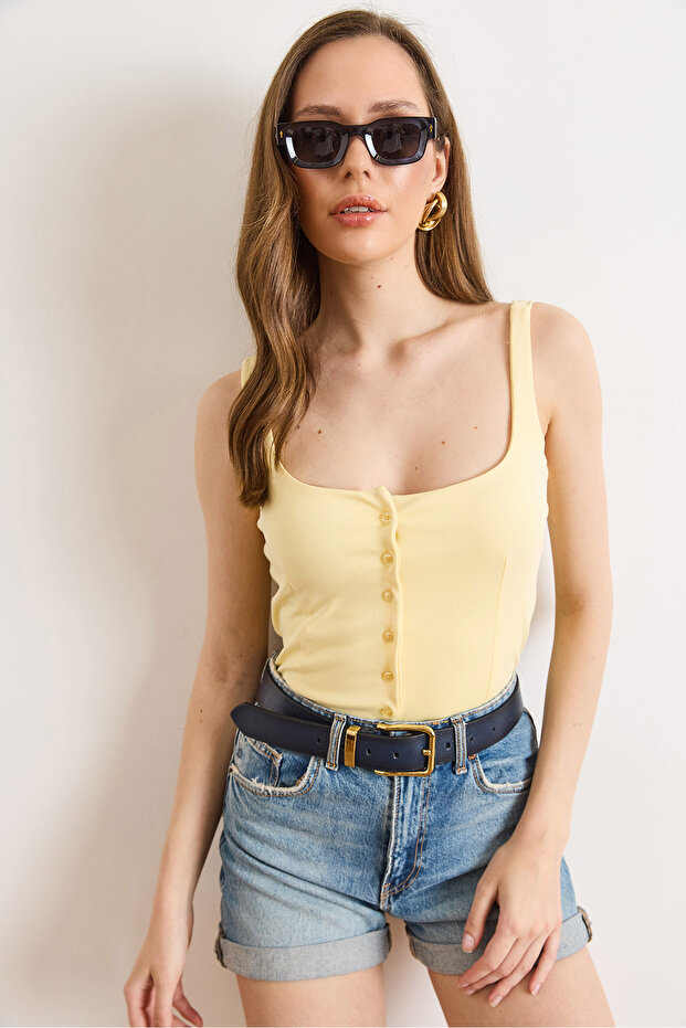Women's Yellow Strappy Buttoned Cotton Blouse Blz-19003288
