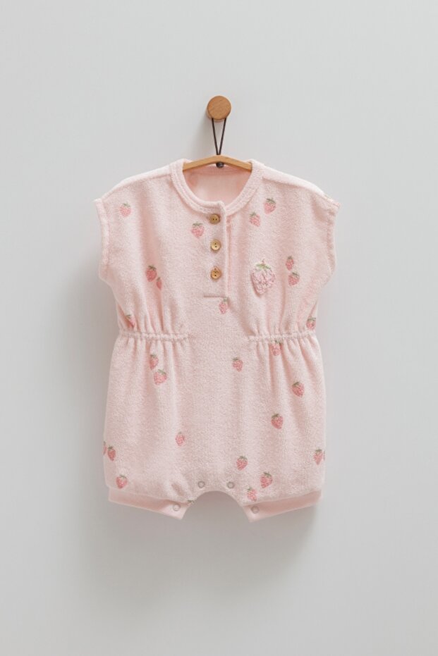 Baby Girl Romper Strawberry Patterned Cotton Terry Fabric Summer Romper