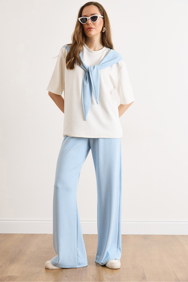 Women's Baby Blue Scarf-Top and Flowing Bottom Set Tkm-19000480