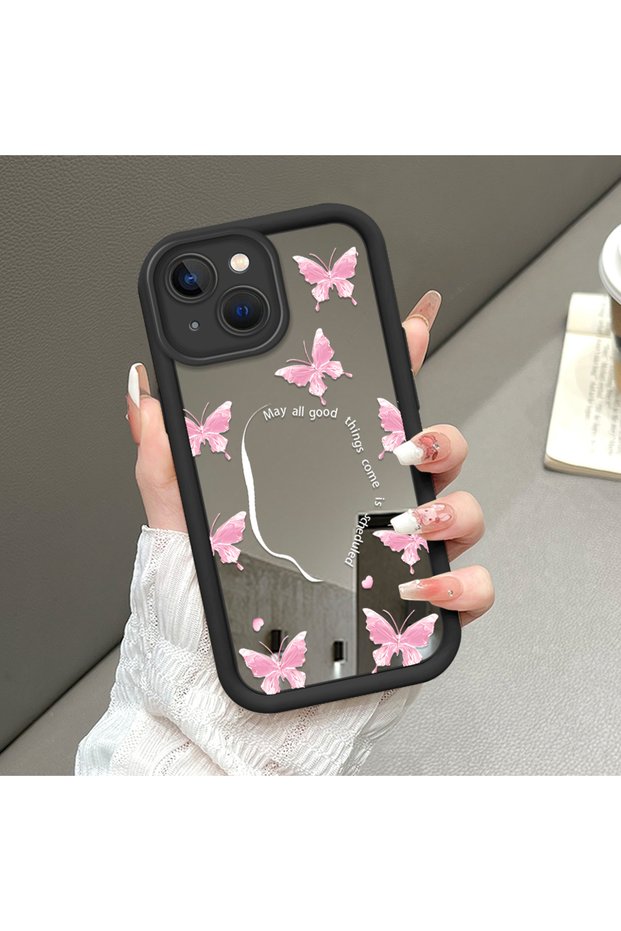 iPhone 15 Plus Compatible Mirrored Butterfly Themed Phone Case, Camera Protected, Stylish Design