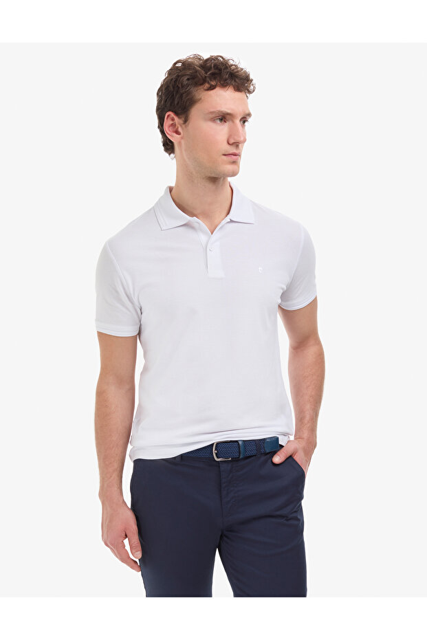 White Slim Fit 100% Cotton Non-Curling Buttoned Polo Collar Basic T-Shirt 50325323-Vr013