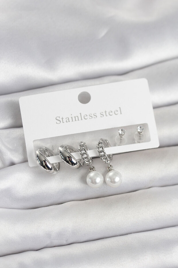 316L Steel Silver Color Pearl Hoop Detailed Women's Earring Set