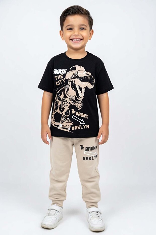 Boy's Beige Pajama Set with Lettering and Skateboard Dino Print and Ankle Cuffs