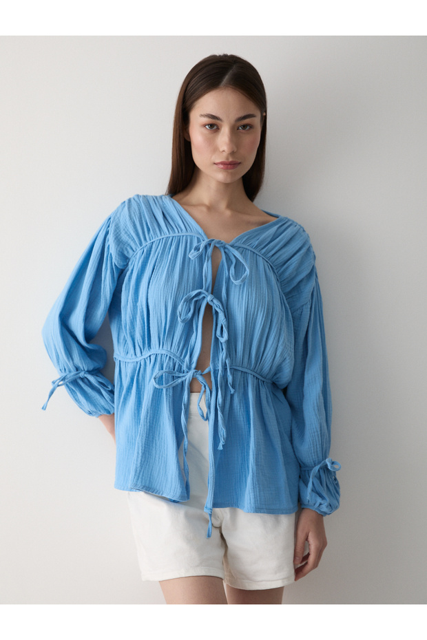 Blue 100% Cotton Elastic Sleeve Muslin Shirt - 5259