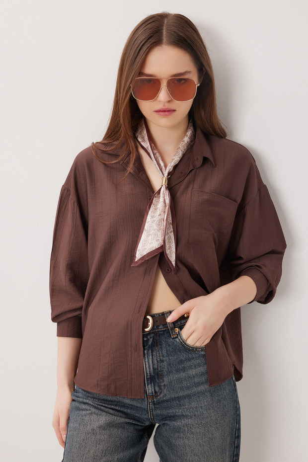 Scarf Detailed Oversize Woven Shirt Ldz0061 Brown