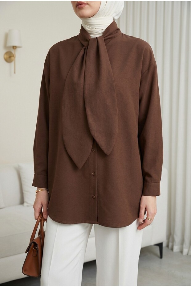 Oversized Poplin Shirt with Tie Collar and Buttons - Brown