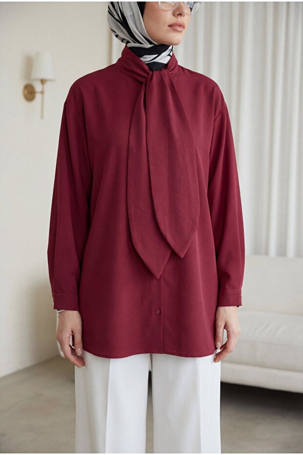 Oversized Poplin Shirt with Tie Collar and Buttons - Burgundy