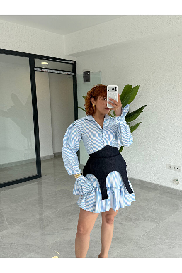 Premium Denim Corset Detailed Striped Shirt Dress