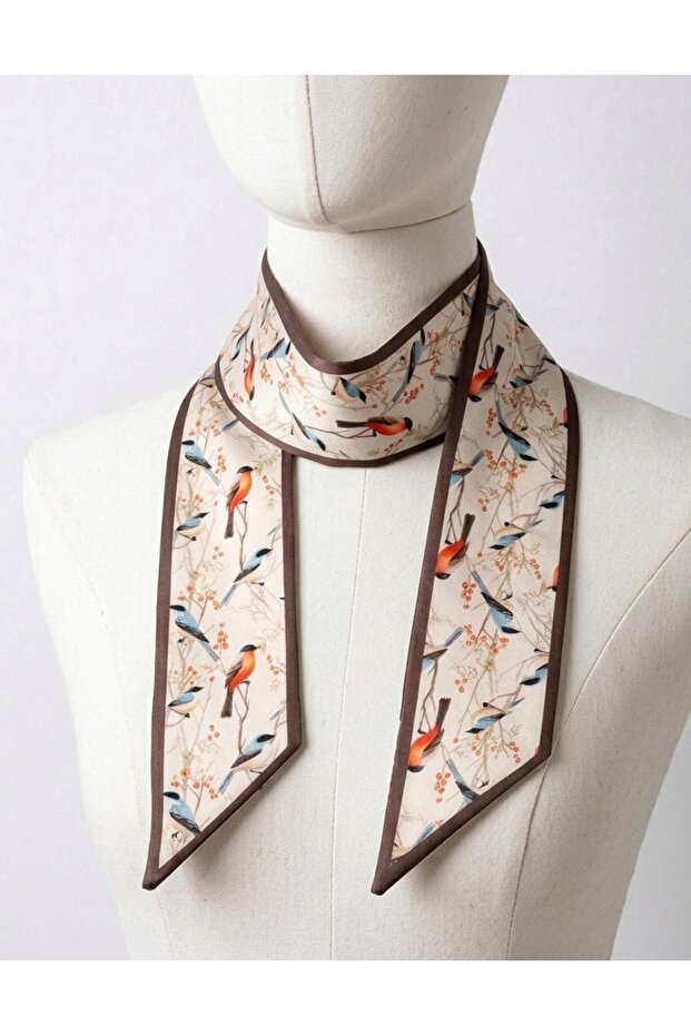 Bird Patterned Cream Scarf - Multi-Purpose, Elegant Accessory for Bag, Neck, and Wrist Use