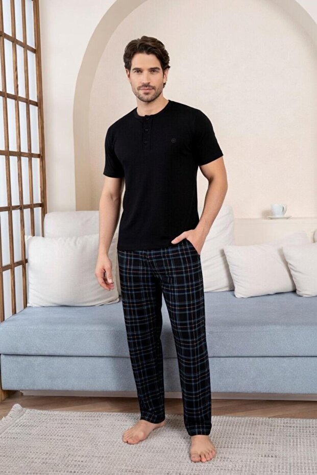 Men's Dad Dowry Modal Fabric Six-Pocket Short Sleeve Fit Collar Buttoned Cotton Pajama Set