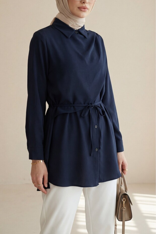Double Layered Shoulder Detailed Lace-Up Buttoned Modal Shirt -K.Laci