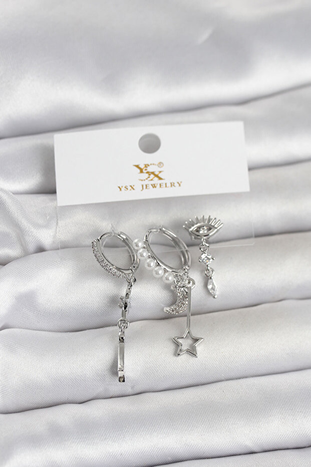 Brass Silver Color Zircon Stone Night Theme 3-Piece Women's Earrings