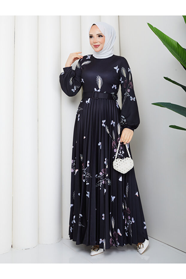 Digital Printed Wheat Patterned Black Pleated Dress