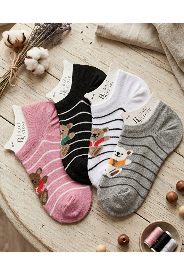 5-Piece Teddy Bear Patterned Economical Women's Booties Socks