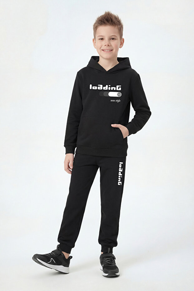 Hooded Kangaroo Pocket Loading Print Detailed Boys' Tracksuit Set