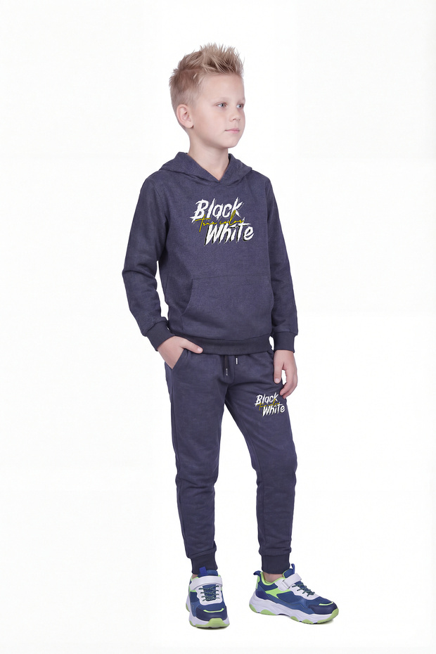 Hooded Kangaroo Pocket Black and White Print Detailed Boys' Tracksuit Set
