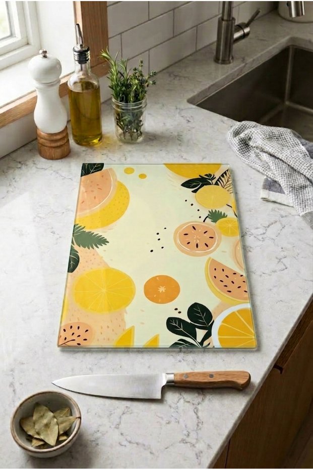 Glass Cutting Board with Non-Slip Base, Yellow Color, Fruits and Vegetables Themed