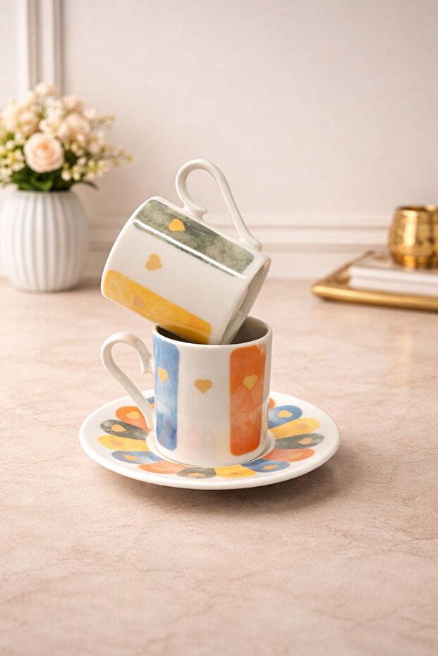 YzHome 2 Kişilik Porselen Soft Renkli Kahve Fincan Takımı Seti 90ml ...