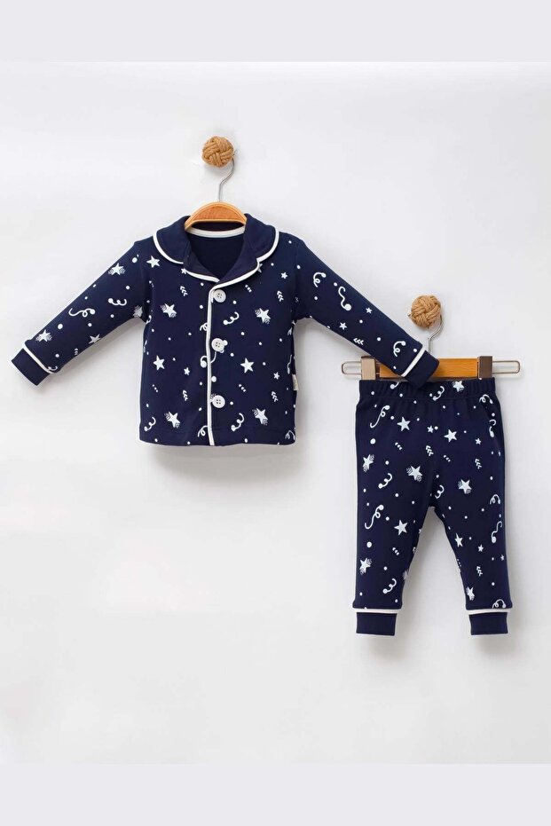 Girls' and Boys' Pajama Set Star Patterned Navy Blue 100% Cotton